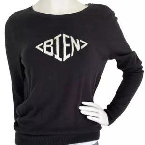 Halogen Bien Graphic Sweater Pullover CrewNeck Shoulder Zip Long Sleeve Black M